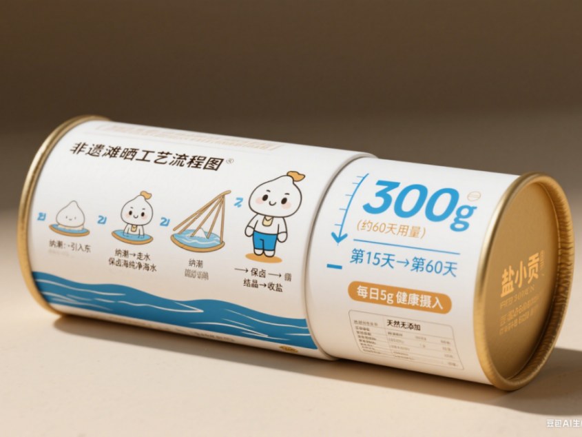 印有晒盐工艺流程与定量提示的盐小贡包装概念图