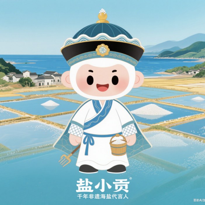 盐小贡IP形象，身着蓝白服饰并手持盐耙与盐桶